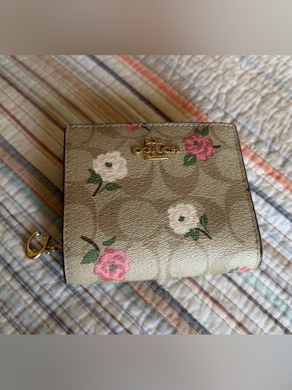 Coach Beige Floral Zip Wallet with Pink & White Blooms